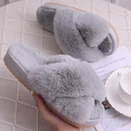 Eyriphy Womens Cross Band Fuzzy Slippers Women Fluffy Fur Slippers Memory Foam Plush Home Shoes Bedroom Slides Women Cozy Soft 240830