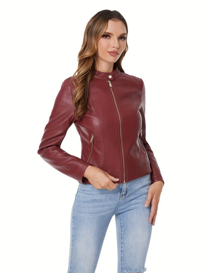Antmvs Solid Faux Leather Zipper Jackets, Casual Long Sleeve Slant Pockets Moto Jacket For Fall & Winter, Women's Clothing