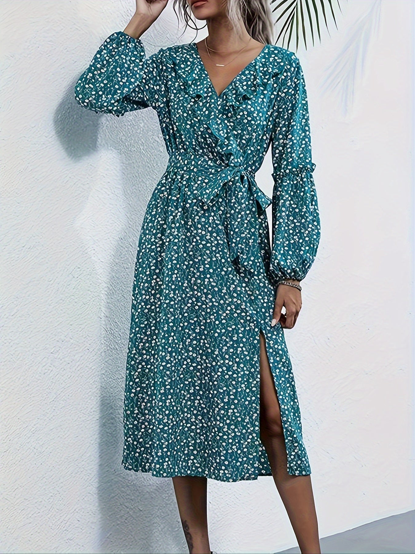 Antmvs Allover Print Ruffle Trim Dress, Elegant V Neck Long Sleeve Midi Dress, Women's Clothing