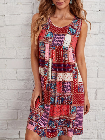 Antmvs Ethnical Paisley Print Tank Dress, Boho Crew Neck Loose Mini Dress, Women's Clothing