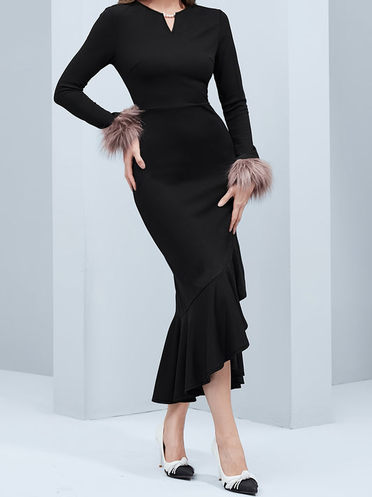 Antmvs Slim Notch Neck Fishtail Dress, Elegant Solid Long Sleeve Dress For Party & Banquet, Women's Clothing