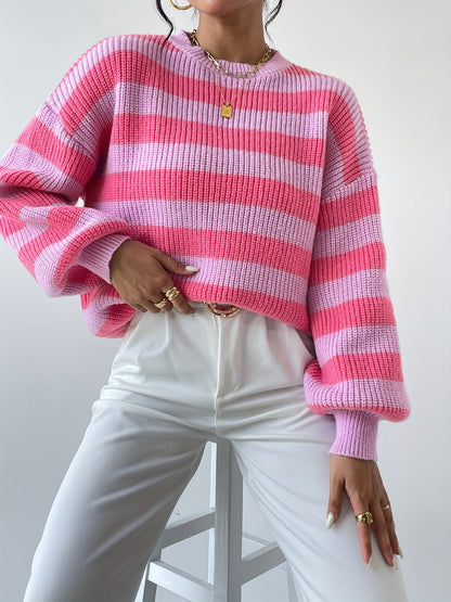 Antmvs Striped Pattern Crew Neck Pullover Sweater, Y2K Lantern Sleeve Sweater For Fall & Winter, Women's Clothing