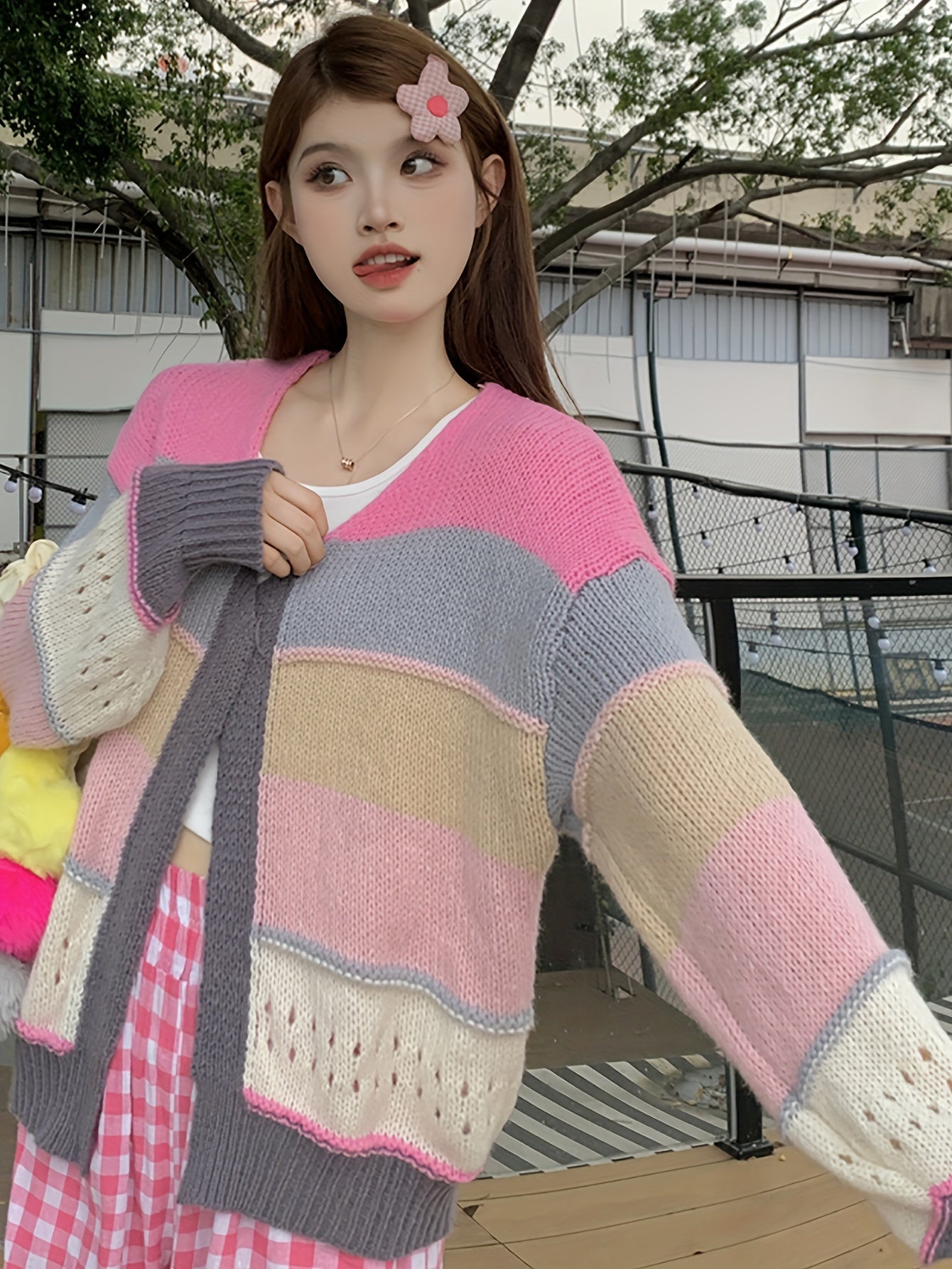 Antmvs Color Block Open Front Knit Cardigan, Casual Long Sleeve Loose Sweater, Women's Clothing