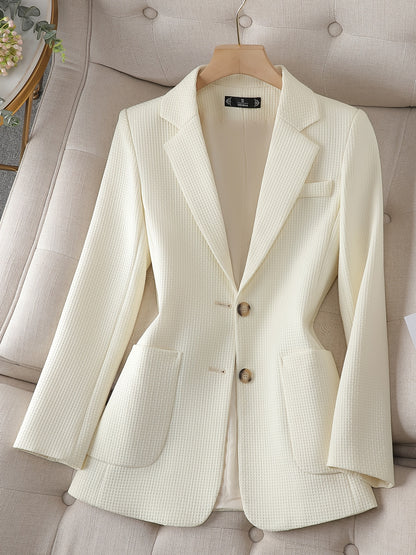 Antmvs Solid Button Front Tunic Blazer, Elegant Lapel Long Notched Neck Sleeve Blazer For Office & Work, Women's Clothing