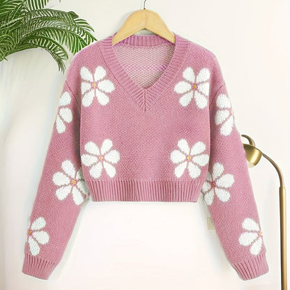 Antmvs Floral Jacquard Girls Drop Shoulder V-neck Knitted Sweater For Fall Winter