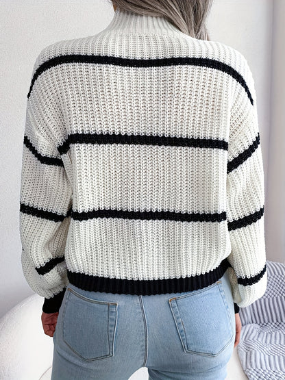 Antmvs Striped Color Block Crew Neck Sweater, Casual Long Sleeve Loose Fall Winter Knit Sweater, Women's Clothing