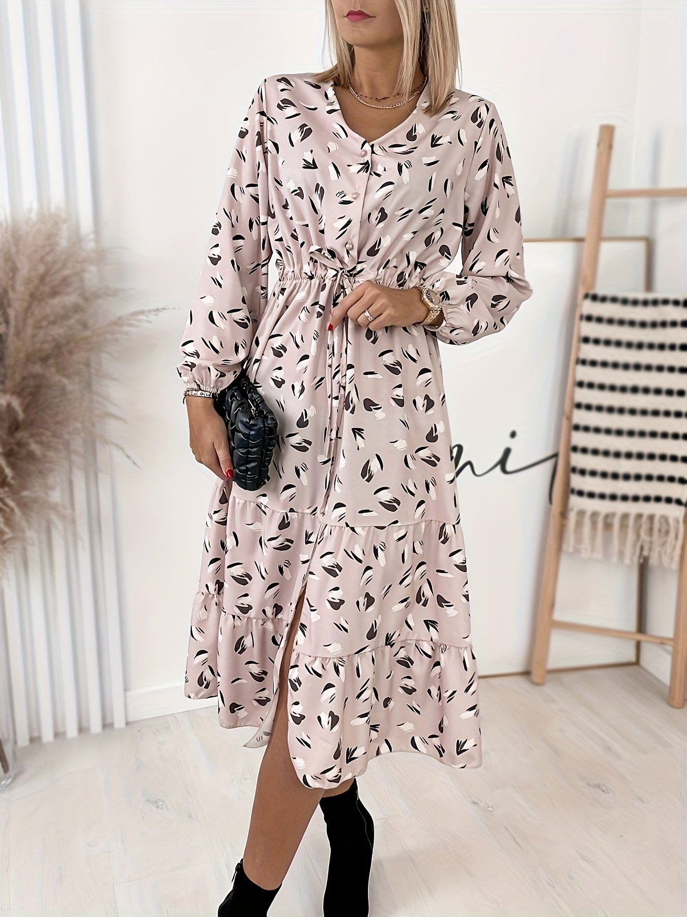 Antmvs Plus Size Casual Dress, Women's Plus Floral Print Long Sleeve V Neck Tie Front Nipped Waist Dress