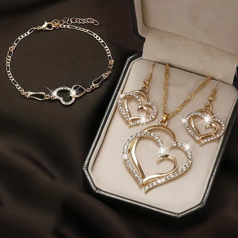 1 Pair of Chic Earrings + 1 Necklace + 1 Bracelet Boho Jewelry Set - Sparkling Heart-Shaped Artificial Crystal Accents, Golden or Silvery Finish, No Plating, Perfect for Daily Wear and Valentines Day Gift for Her