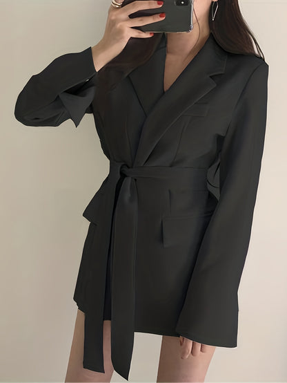 Antmvs Solid Tie-waist Lapel Blazer, Elegant Long Sleeve Outerwear For Work & Office, Women's Clothing