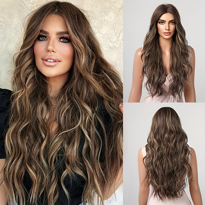 Long Curly Wavy Heat Resistant Synthetic Wigs for Women - Elegant Middle Part Buckle Net Cap Style - Soft, Natural-Looking Hair Replacement for a Glamorous You