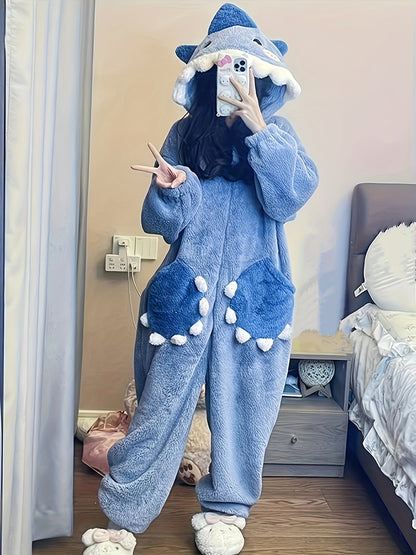 Antmvs Cartoon Shark Hooded Jumpsuit, Long Sleeve Zipper Fuzzy Pajamas, Women's Sleepwear & Loungewear