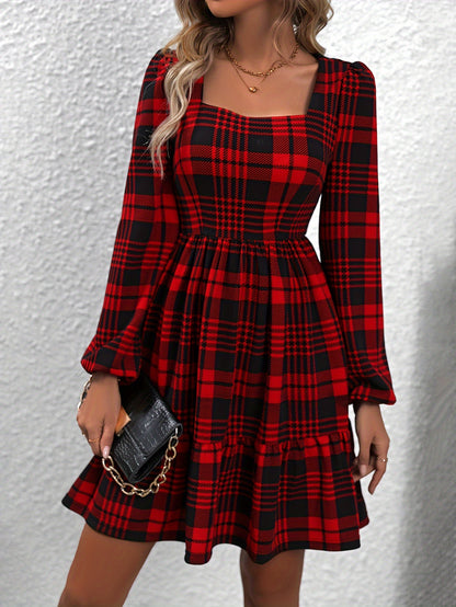 Antmvs Plaid Pattern Square Neck Dress, Vintage Lantern Sleeve Dress For Spring & Fall, Women's Clothing