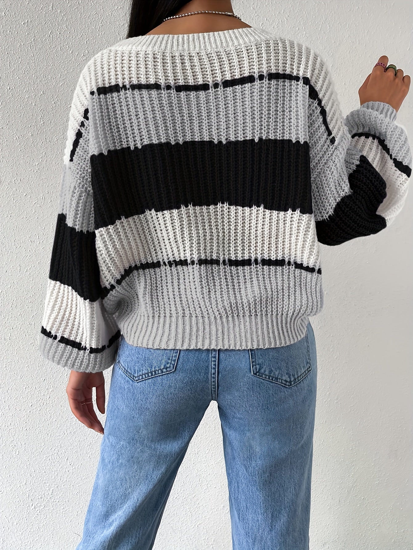Antmvs Striped Crew Neck Pullover Sweater, Casual Long Sleeve Drop Shoulder Sweater, Women's Clothing