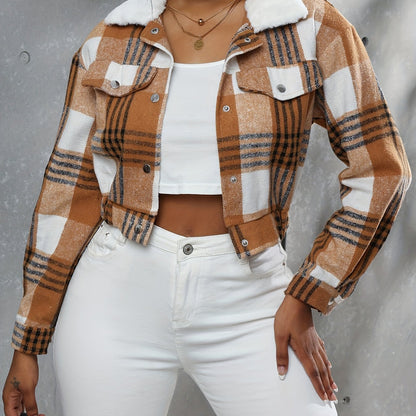 Antmvs Button Plaid Faux Fur Collar Jacket, Casual Long Sleeve Crop Jacket For Fall & Winter, Women's Clothing