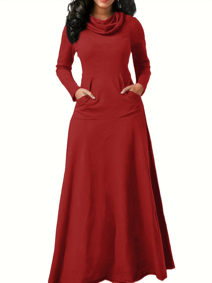 Antmvs Pile Collar Pocket Front Dress, Elegant Long Sleeve Maxi Dress, Women's Clothing