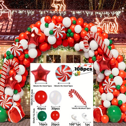 108pcs Christmas Balloon Garland Arch Kit - Red, White & Green with Candy Cane Accents for Holiday Decorations, Anniversaries, New Year's Parties, Birthdays & Graduations