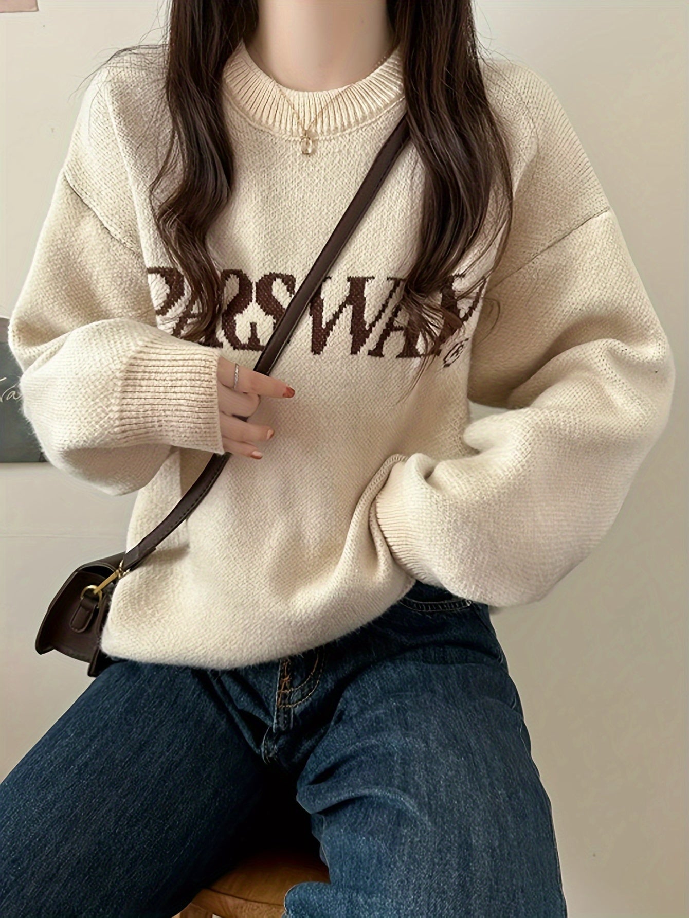 Antmvs Letter Pattern Crew Neck Pullover Sweater, Casual Long Sleeve Drop Shoulder Sweater, Women's Clothing