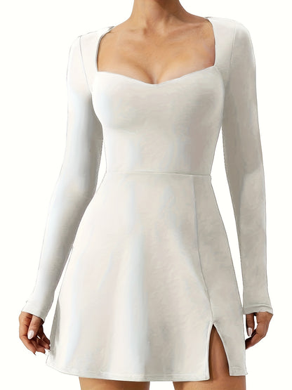 Antmvs Solid Color Long Sleeve Dress, Chic Slim Split Hem Dress For Spring & Fall, Women's Clothing
