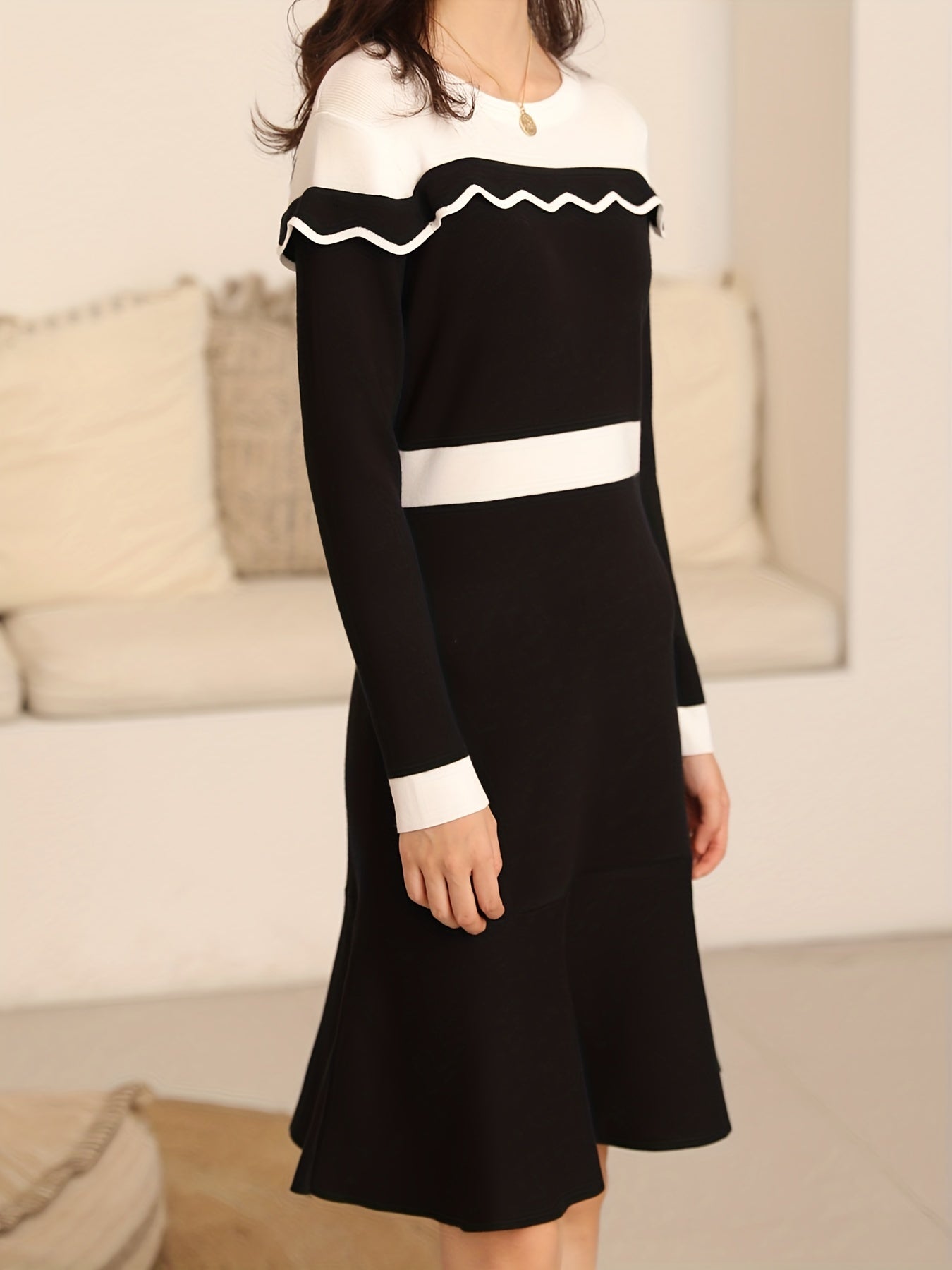 Antmvs Ruffle Trim Color Block Dress, Casual Crew Neck Long Sleeve Dress, Women's Clothing