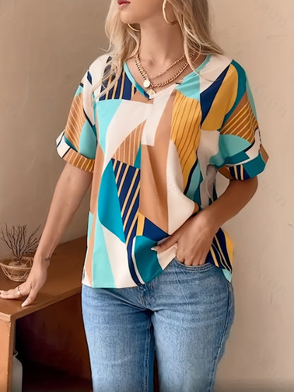 Antmvs  Abstract Print V Neck Blouse, Casual Short Sleeve Blouse For Spring & Summer, Women's Clothing