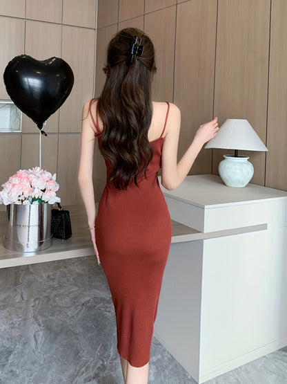 Antmvs Spaghetti Solid Dress, Elegant Sleeveless Bodycon Summer Bag Hip Dress, Women's Clothing