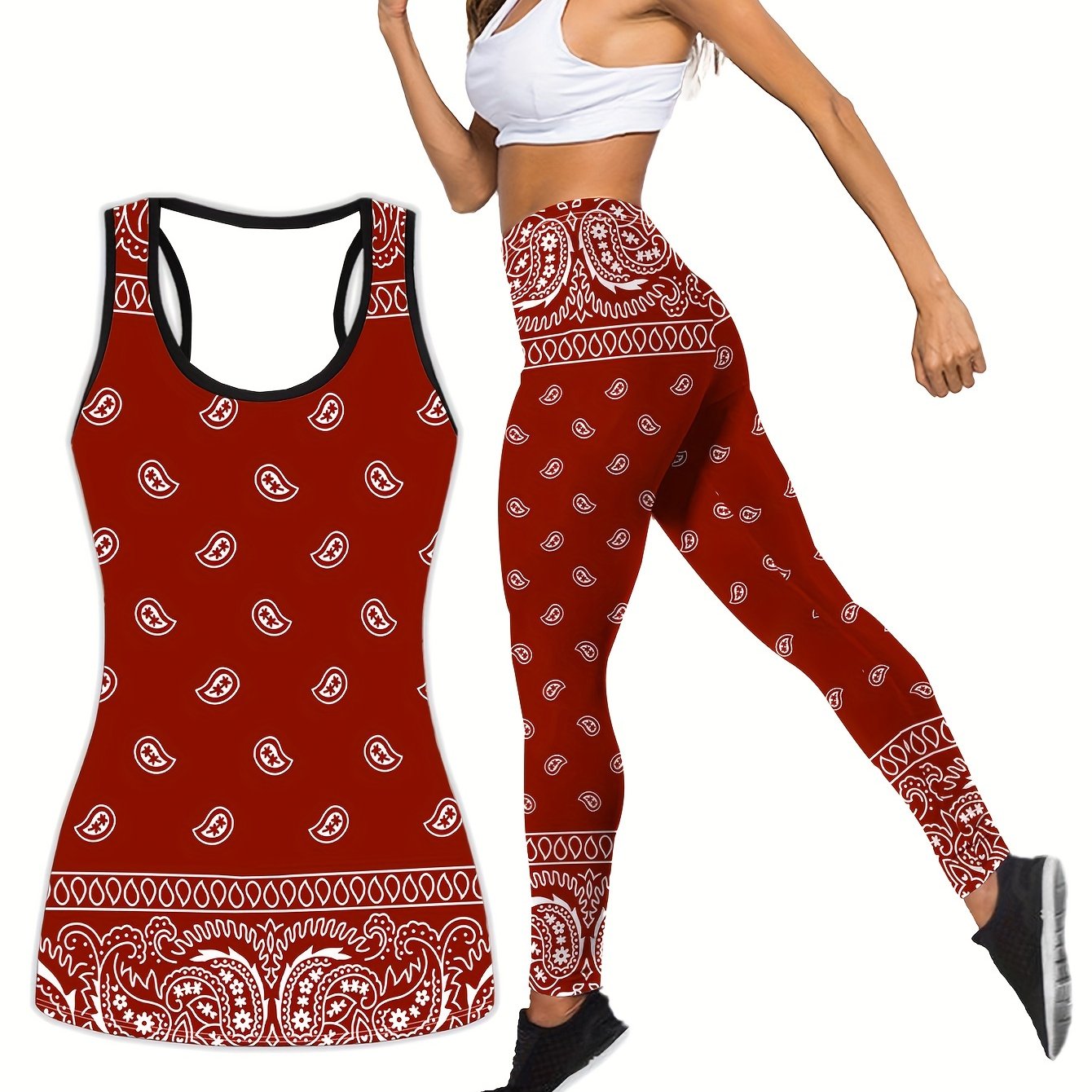 Plus Size Two Piece Sports Outfits Set - Women's Boho Chic Paisley Print Racer Back Tank Top & Leggings for Yoga, Running, Fitness, and Active Wear with Slight Stretch