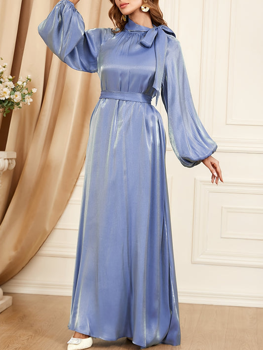 Antmvs Solid Tie Neck Dress, Elegant Loose Long Sleeve Dress For Party & Banquet, Women's Clothing