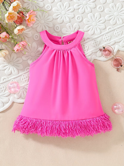 Girls Stylish Solid Halter Neck Dress With Fringe Trim