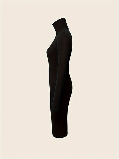 Antmvs Turtleneck Solid Midi Dress, Elegant Long Sleeve Bodycon Dress, Women's Clothing