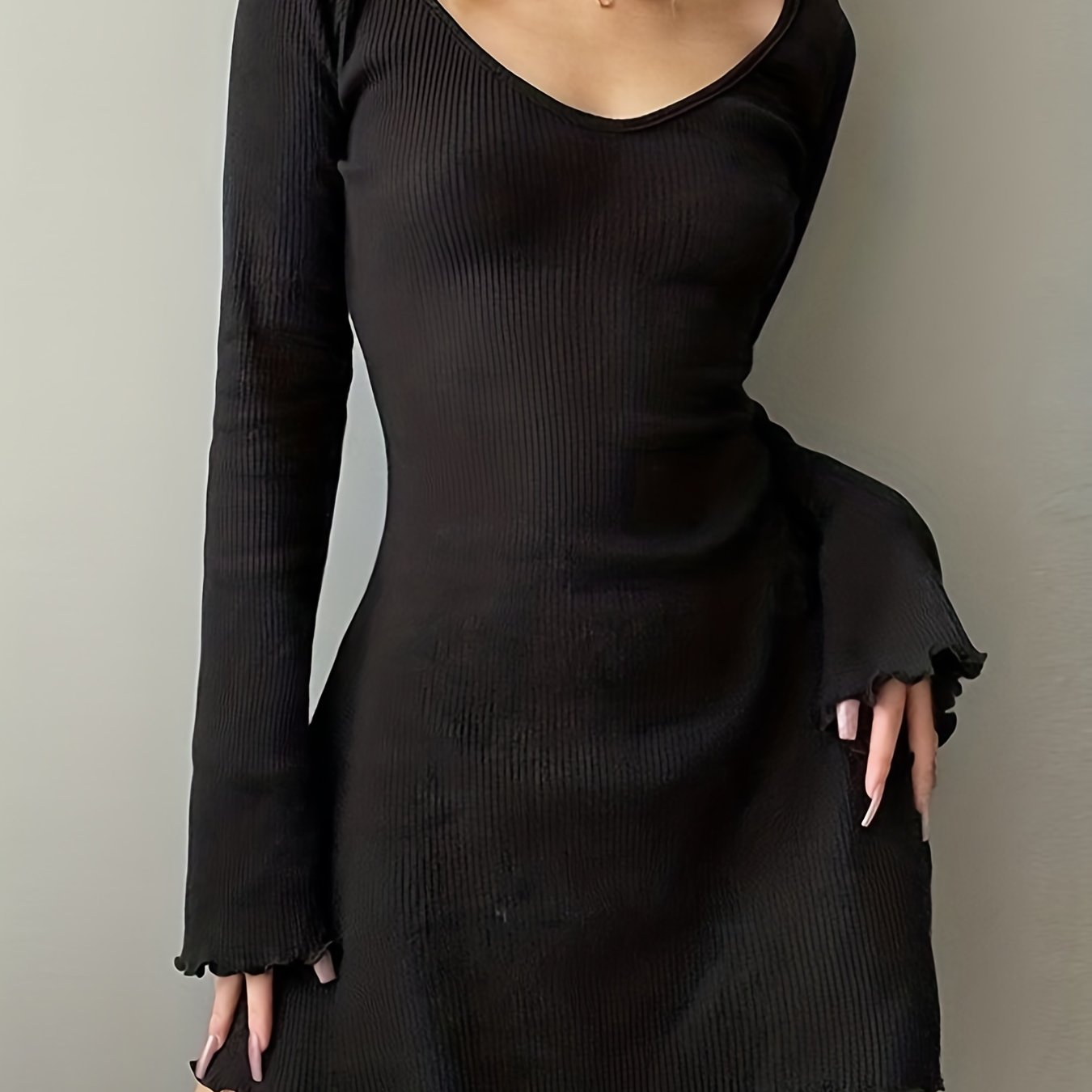 Antmvs Lettuce Trim Solid Dress, Elegant Crew Neck Long Sleeve Dress, Women's Clothing