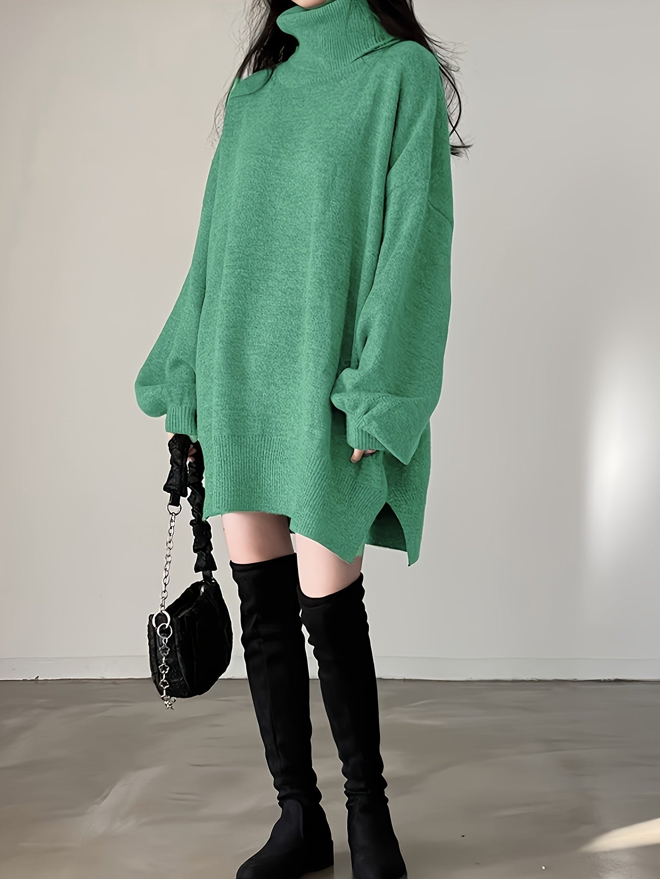 Antmvs Solid Turtle Neck Oversized Sweater, Casual Long Sleeve Split Sweater, Women's Clothing