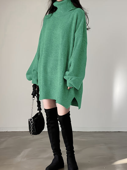 Antmvs Solid Turtle Neck Oversized Sweater, Casual Long Sleeve Split Sweater, Women's Clothing