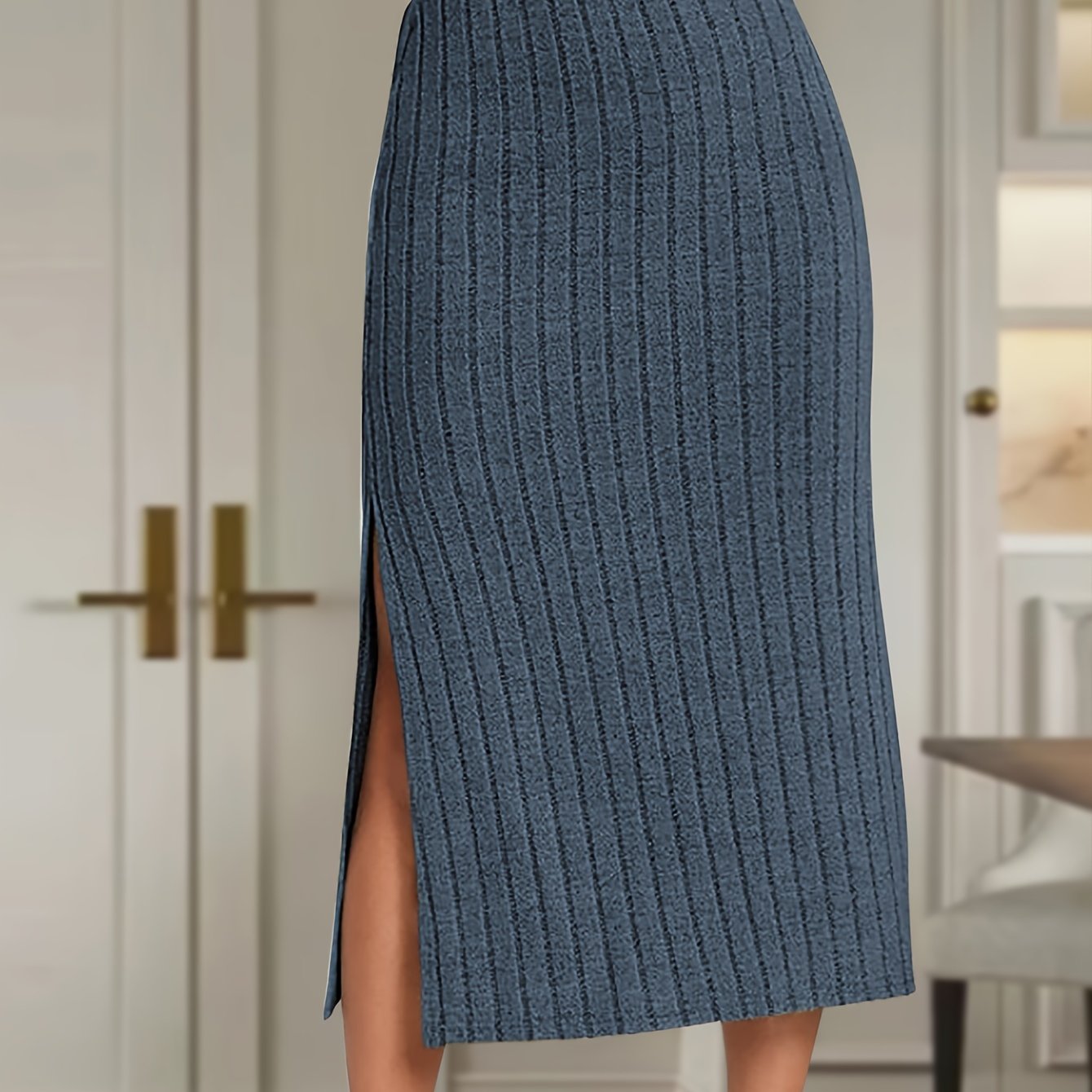 Antmvs Ribbed Knit Side Split Skirt, Casual Solid Every Day Skirt, Women's Clothing