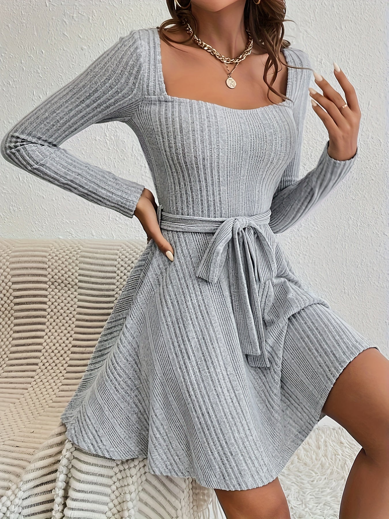 Antmvs Long Sleeve Ribbed Knit Dress, Casual Tie-waist Square Neck Dress For Spring & Fall, Women's Clothing
