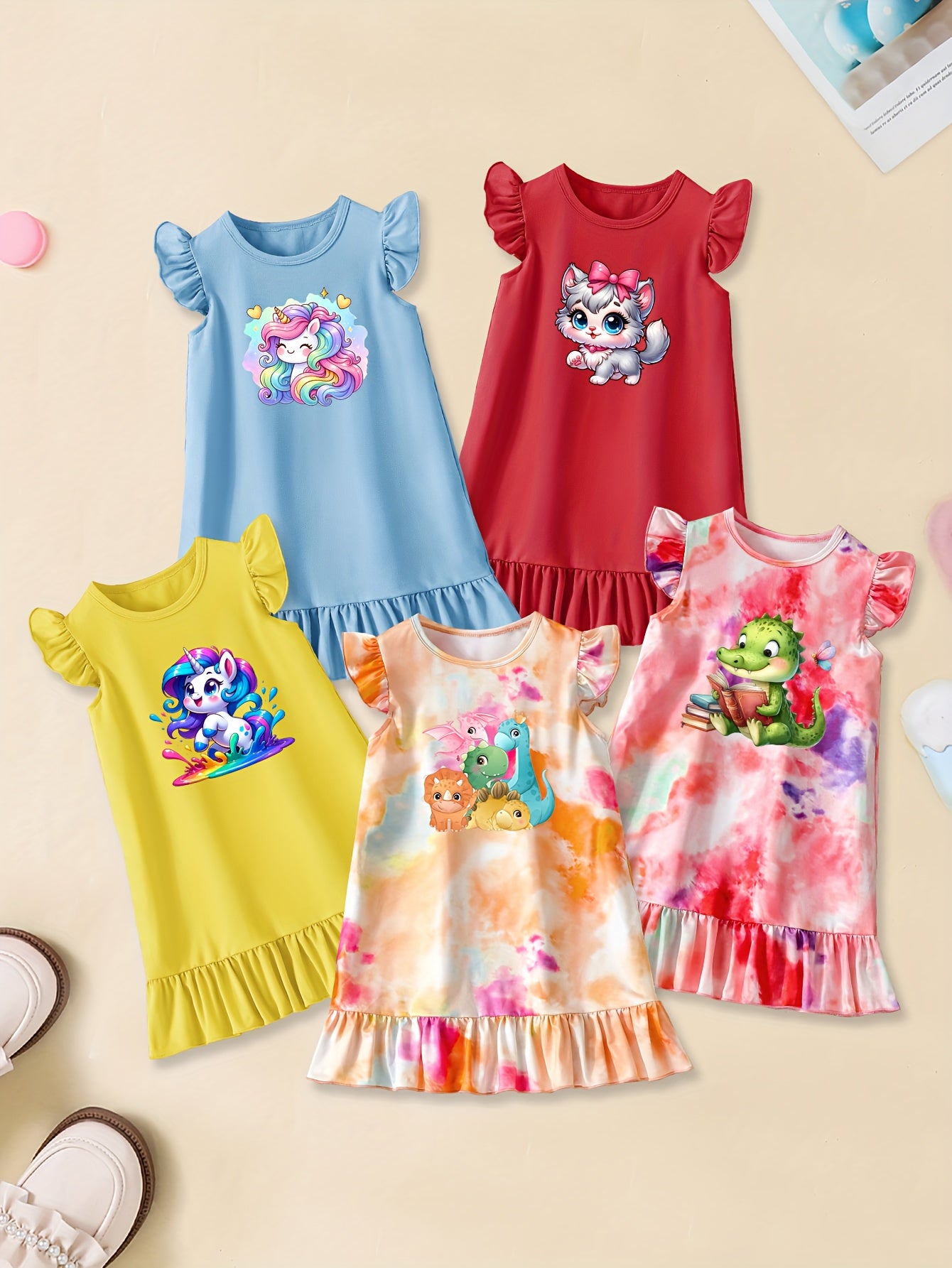 5pcs Cartoon-Themed Graphic Print Crew Neck Ruffle Sleeve Dresses Set for Girls - Soft Knitted Fabric, Slight Stretch, Regular Fit, Trendy Casual Style for Summer Fun