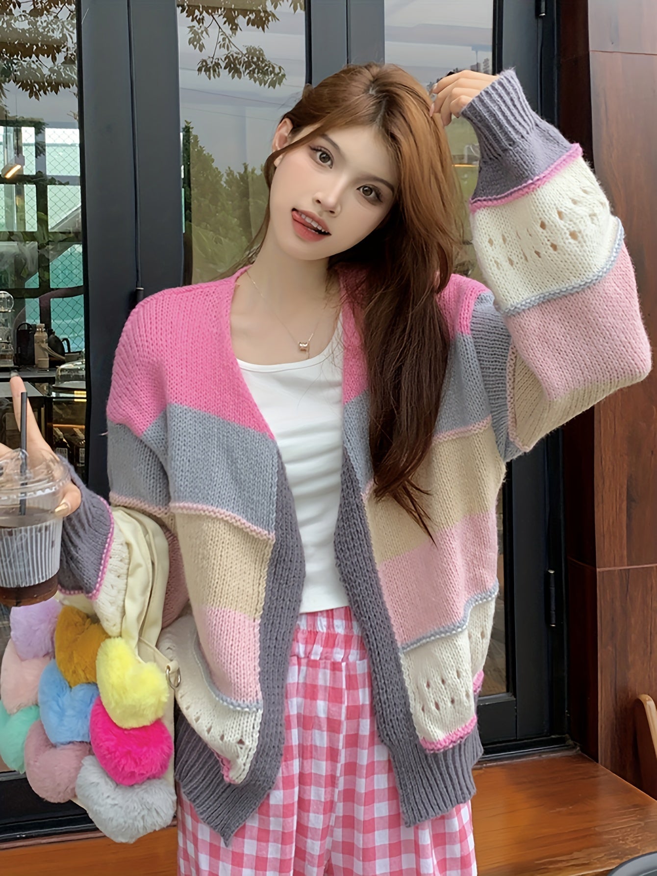 Antmvs Color Block Open Front Knit Cardigan, Casual Long Sleeve Loose Sweater, Women's Clothing