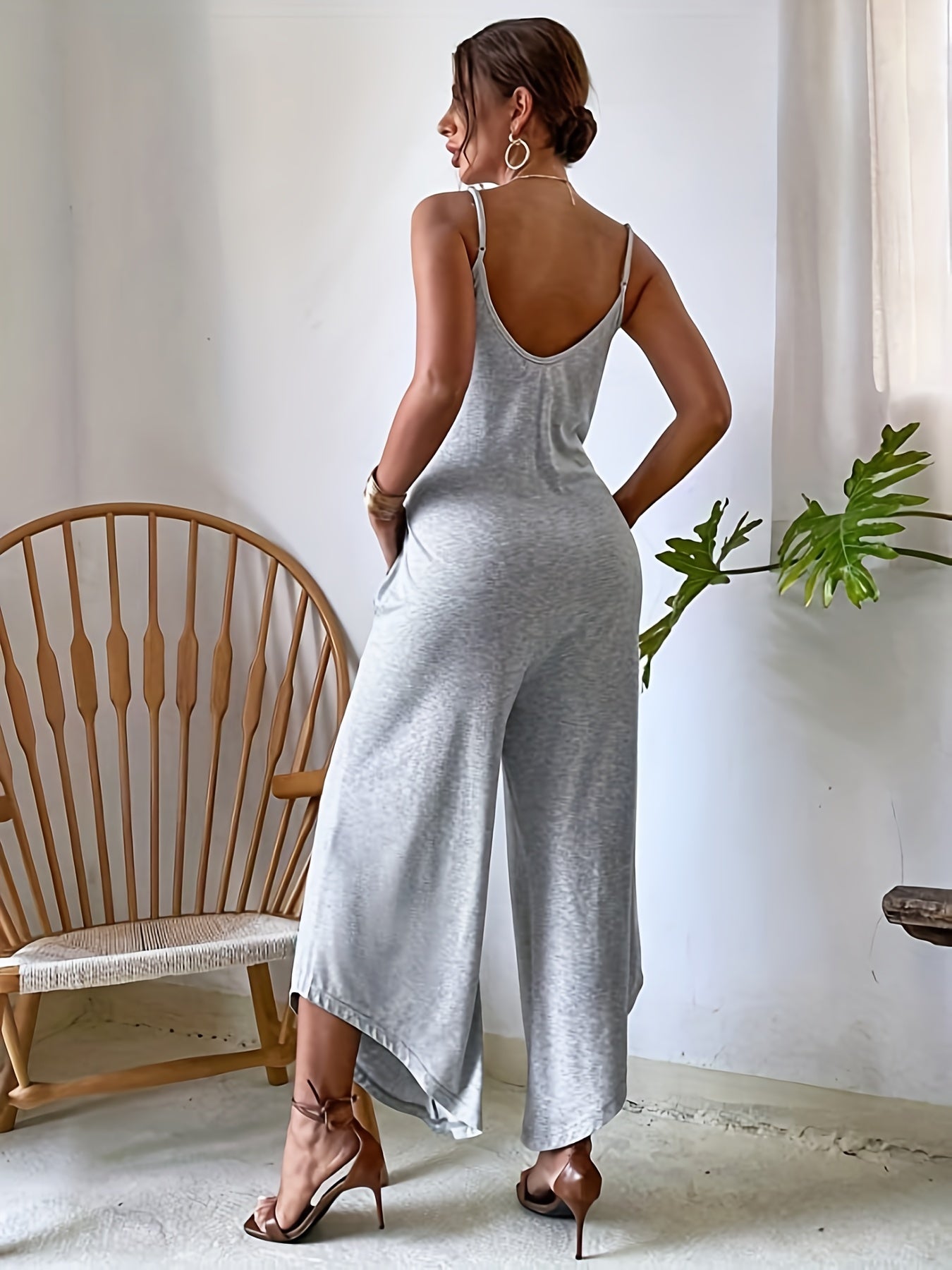 Antmvs Solid Spaghetti Wide Leg Jumpsuit, Casual Backless Sleeveless Jumpsuit For Summer, Women's Clothing