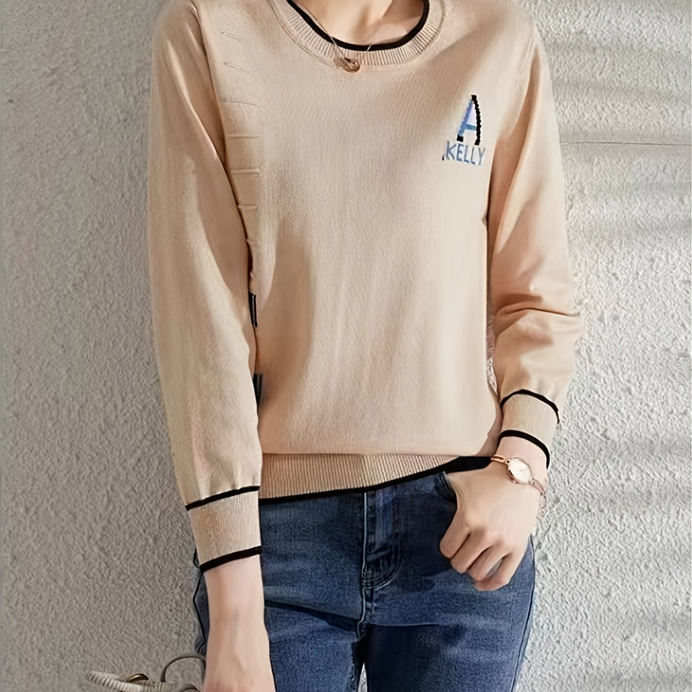 Antmvs Letter A Graphic Sweater, Long Sleeve Crew Neck Casual Sweater For Spring & Fall, Women's Clothing