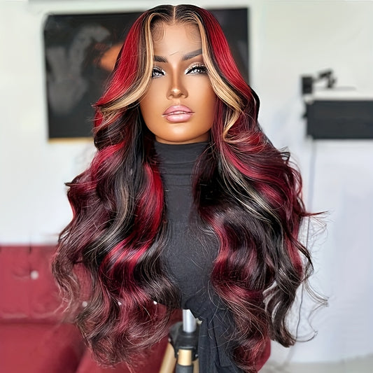 Luxurious Blonde & Red Highlighted Wig | 180% Full Body Wave | 13x4 Pre-Plucked Lace Front | Natural Brazilian Remy Hair for Professional Women