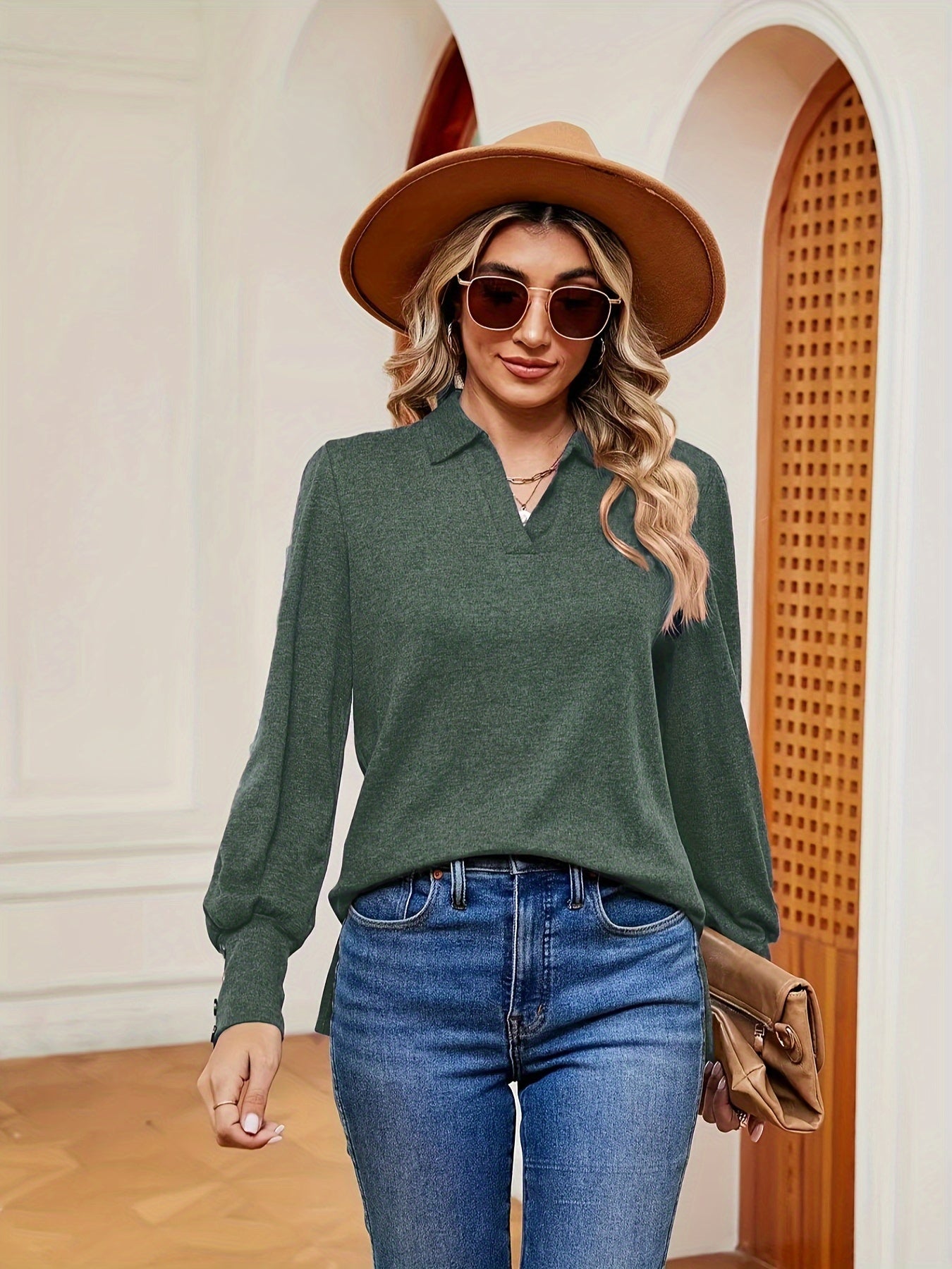 Antmvs Solid Polo Collar T-Shirt, Casual Long Sleeve Top For Spring & Fall, Women's Clothing