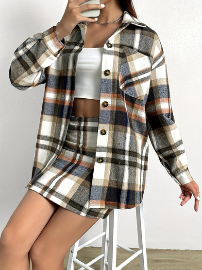Antmvs Plaid Print Casual Two-piece Set, Button Front Long Sleeve Shirt & Bag Hip Skirts Outfits, Women's Clothing