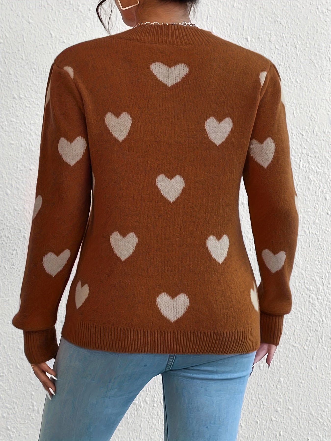 Antmvs Heart Pattern Crew Neck Sweater, Casual Long Sleeve Pullover Sweater, Women's Clothing