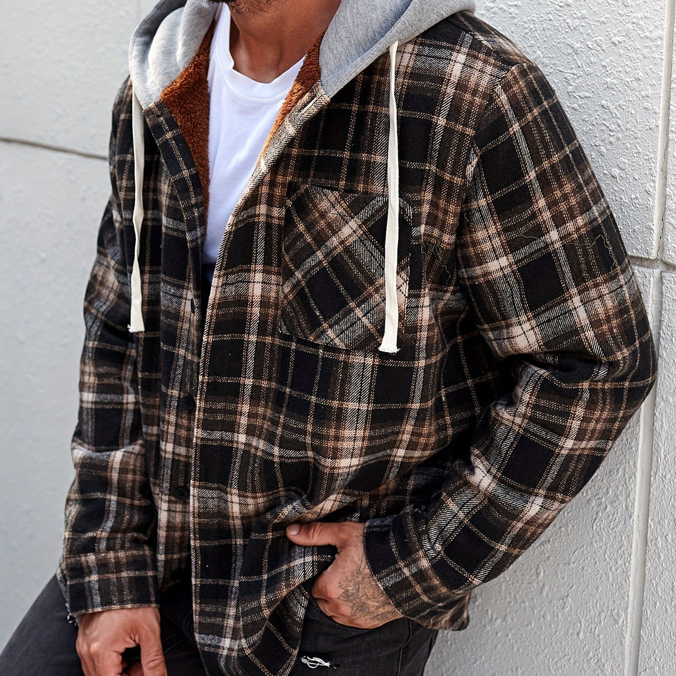 Plus Size Casual Button-Down Shirts - Stylish Hooded Plaid Pattern Shirt Jacket with Drawstring and Adjustable Hem - Fall/Winter Fashion Essential for Men