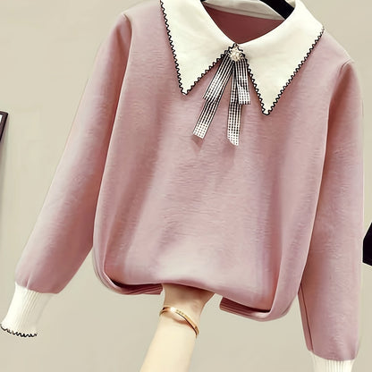 Antmvs Long Sleeve Shirt Collar Sweater, Spring & Fall Elegant Casual Warm Sweater, Women's Clothing