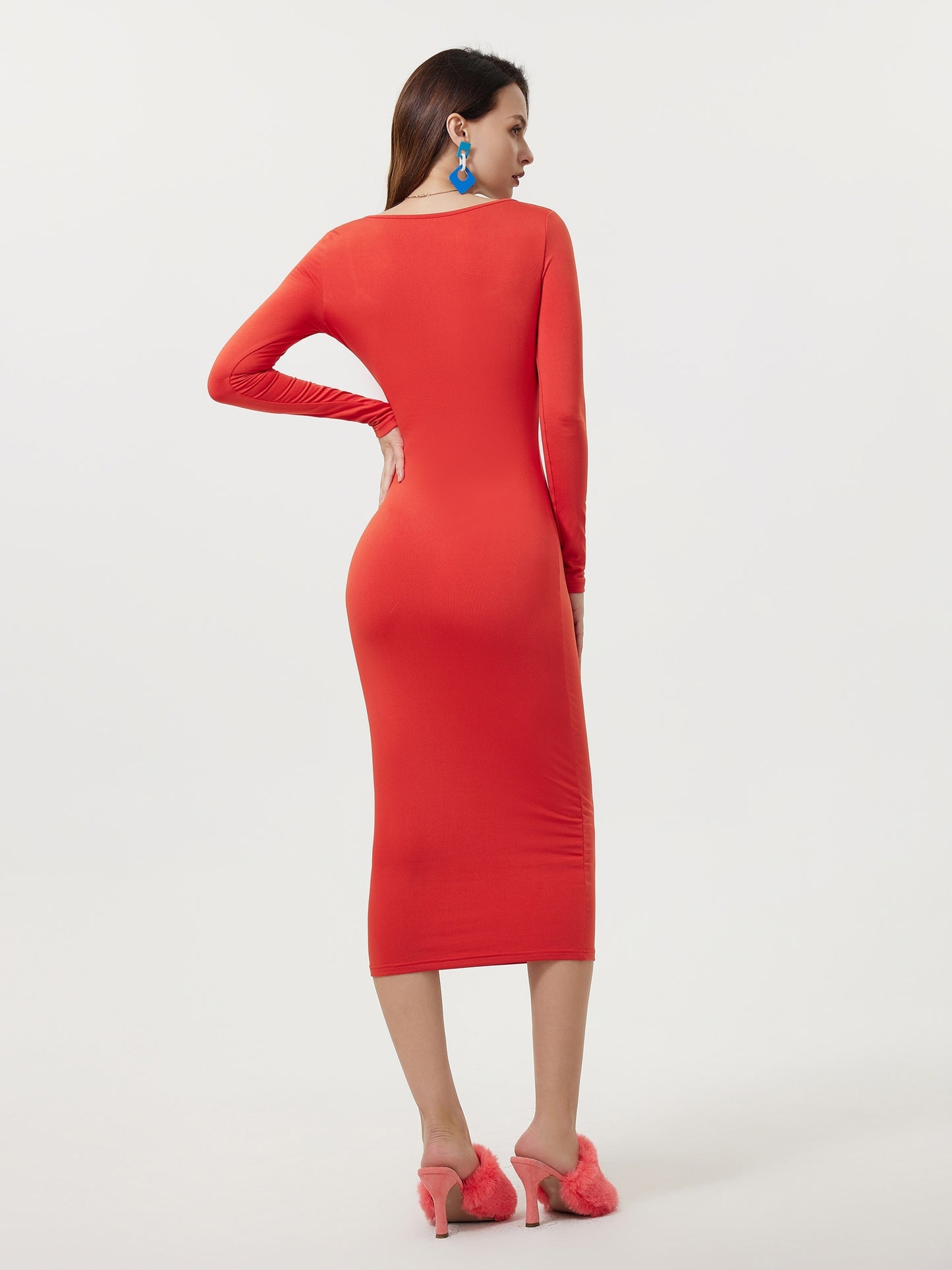 Antmvs Squared Neck Bodycon Dress, Casual Solid Long Sleeve Midi Dress, Women's Clothing