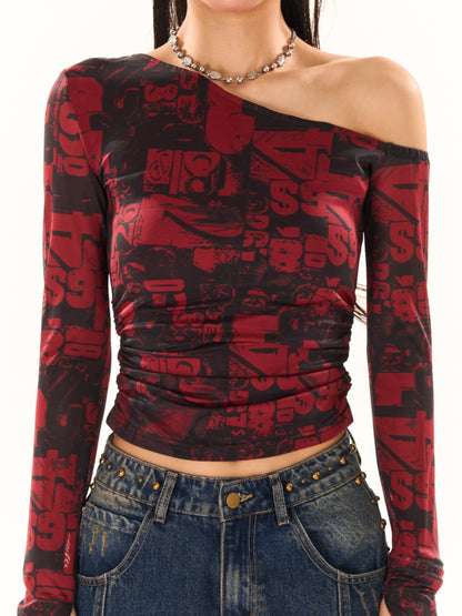 Antmvs Maranda Graphic Pattern Print Contrast Red & Black Color Off-One-Shoulder Long Sleeve Slim Cropped Top