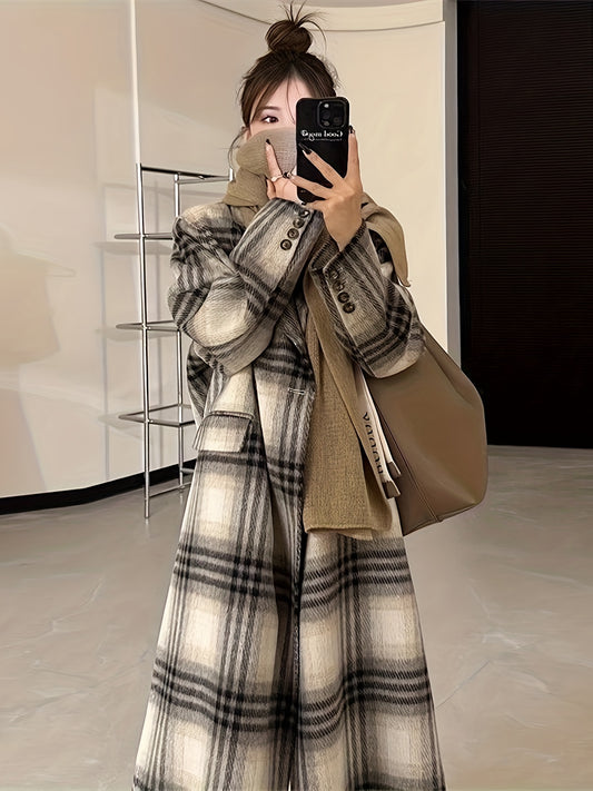 Antmvs Plaid Print Double-breasted Coat, Casual Long Sleeve Notched Collar Coat For Fall & Winter, Women's Clothing