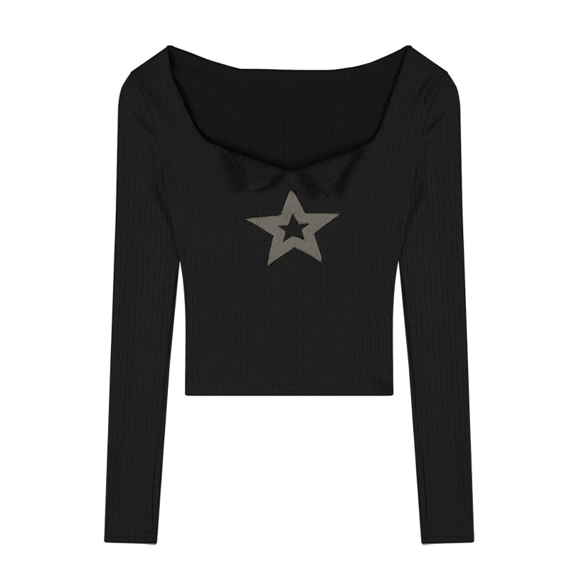 Antmvs Wallia Star Embroidery Square Neck long Sleeve Slim Cropped Top