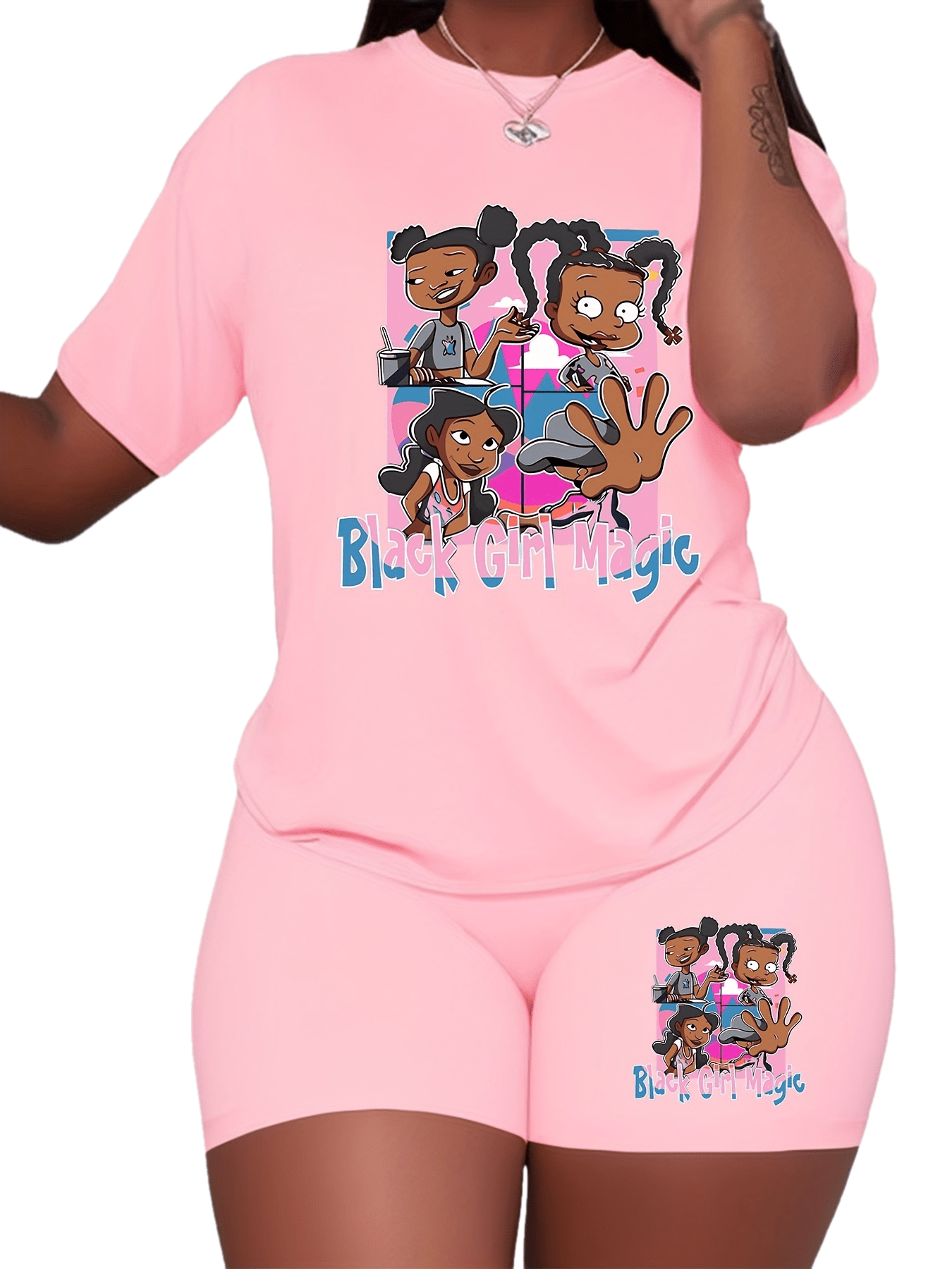 Plus Size Women's 2-Piece Set - Vibrant "Black Girl Magic" Graphic Tee and Matching Blue Shorts - Inspirational Casual Summer Outfit with Relaxed Fit, Breathable Fabric, and Stylish Design for Confident Women