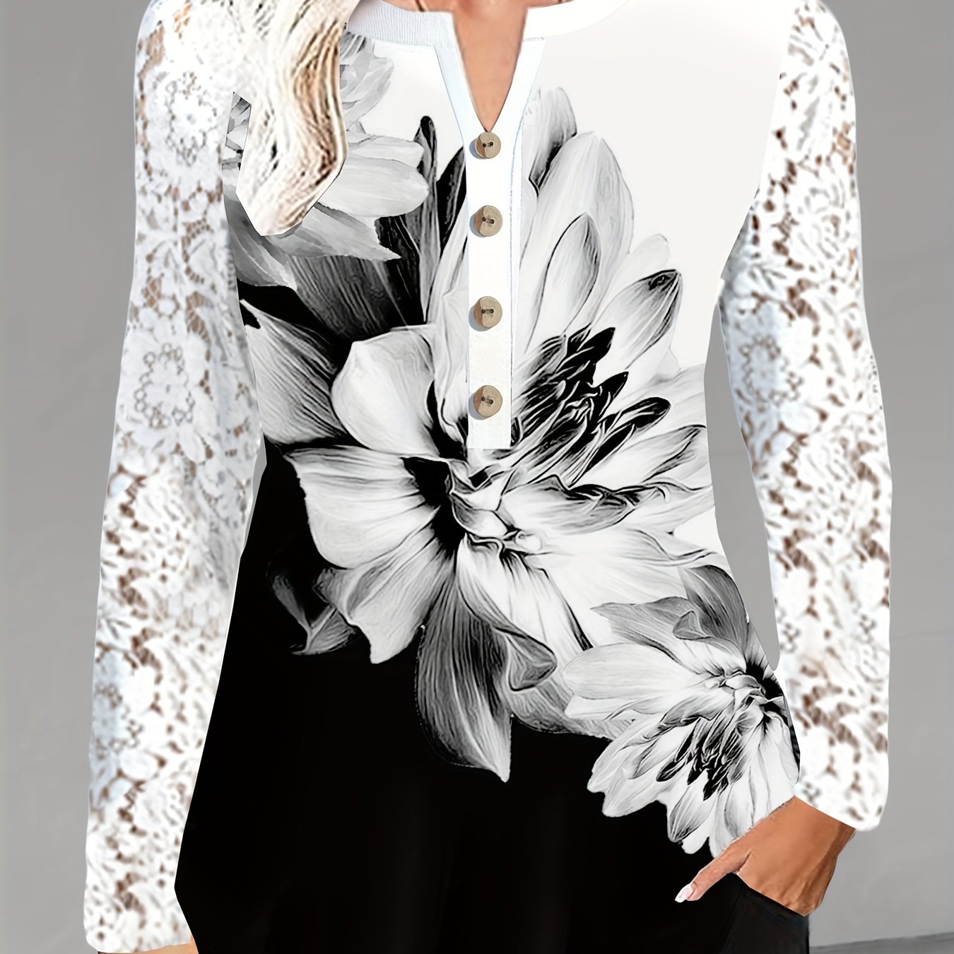 Plus Size Floral Delight Blouse - Lace Trimmed V Neck, Flowy Long Sleeves - Perfect Spring Fashion for Women